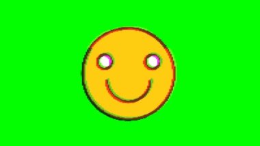 Yeşil arka planda arıza etkisi olan mutlu ifade. Emoji hareket grafikleri.