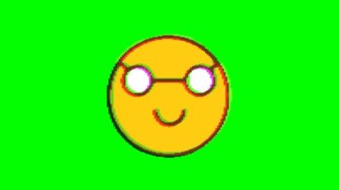 Yeşil arka planda arıza etkisi olan mutlu ifade. Emoji hareket grafikleri.