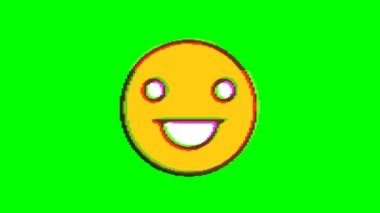 Yeşil arka planda arıza etkisi olan mutlu ifade. Emoji hareket grafikleri.