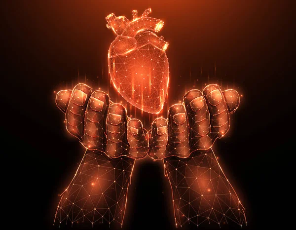 Doador Cardíaco Ilustração Vetorial Poligonal Uma Mão Com Coração Humano — Vetor de Stock