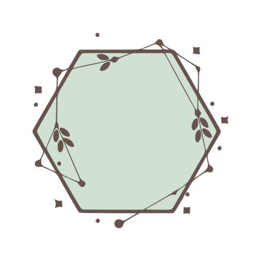 Hexagonal nature geometric frames with leaves made from lines and dots in hand drawn style.