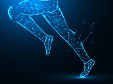 Koyu mavi arkaplanda koşan bacakların çokgen vektör çizimi.