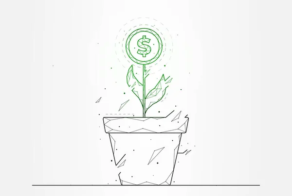 Crescer Conceito Finanças Ilustração Vetorial Poligonal Uma Planta Moedas Dólar — Vetor de Stock