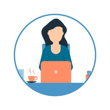 Dizüstü bilgisayarda çalışan, tam zamanlı çalışan ya da serbest çalışan yüzü olmayan genç bir kızın Avatar 'ı. Kadın profesyonel vektör illüstrasyonu