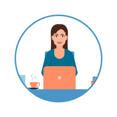 Dizüstü bilgisayarda çalışan, tam zamanlı çalışan ya da serbest çalışan genç bir kızın Avatar 'ı. Kadın profesyonel vektör illüstrasyonu