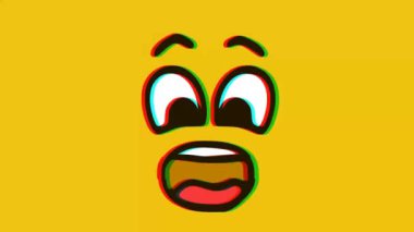 Sarı zemin üzerinde hata etkisi olan korkmuş yüz ifadeleri, çizgi film yüz ifadeleri animasyonları, Emoji hareket grafikleri.