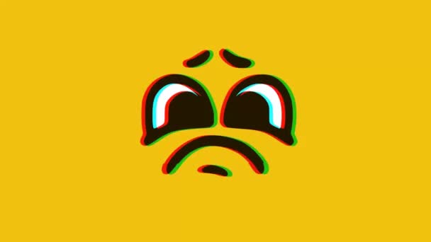Trauriges Gesicht Emoticon Mit Glitch Effekt Auf Gelbem Hintergrund Zeichentrickgesichtsausdruck — Stockvideo