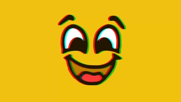 Happy Funny Face Emoticon Glitch Effect Yellow Background Cartoon Face — Stock Video