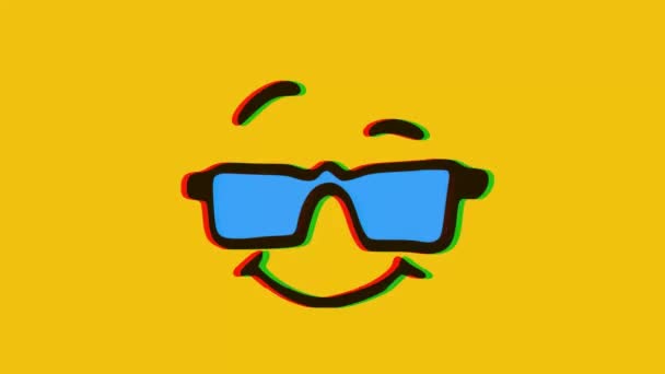 Cool Face Glasses Emoticon Glitch Effect Yellow Background Cartoon Face — Stock Video