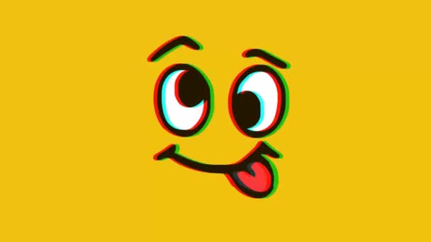 Смішне Обличчя Показує Язик Ефектом Глюка Жовтому Тлі Анімація Виразів — стокове відео