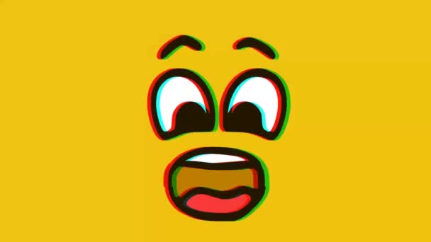 受惊的面部表情 对黄色背景有小故障的效果 卡通面部表情动画 Emoji动作图形 — 图库视频影像