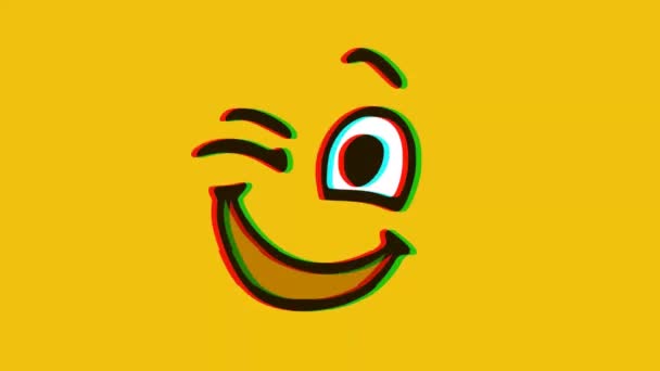 Подмигивание Смайликом Счастливого Лица Эффектом Глюка Желтом Фоне Анимация Выражений — стоковое видео