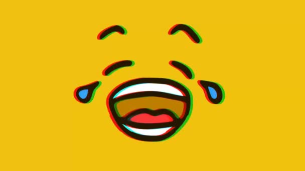 黄色の背景にグリッチ効果で顔の表情を泣く 漫画の顔の表情アニメーション 絵文字のモーショングラフィックス — ストック動画