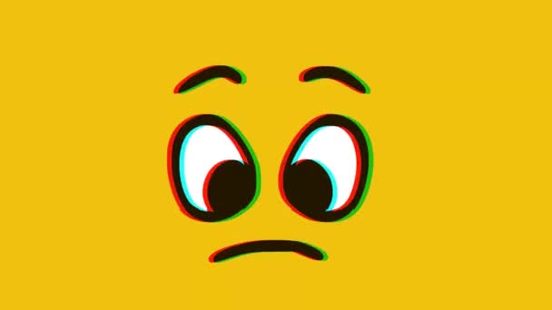 Trauriges Gesicht Emoticon Mit Glitch Effekt Auf Gelbem Hintergrund Zeichentrickgesichtsausdruck — Stockvideo