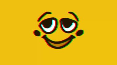 Sarı zemin üzerinde hata etkisi olan sevimli gülen yüz ifadesi, çizgi film yüz ifadeleri animasyonu, Emoji hareketi grafikleri.