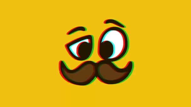 Funny Mustachioed Face Emoticon Glitch Effect Yellow Background Cartoon Face — Stock video