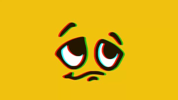 黄色の背景にグリッチ効果を持つ悲痛な顔の感情 漫画の顔の表情アニメーション 絵文字モティ — ストック動画