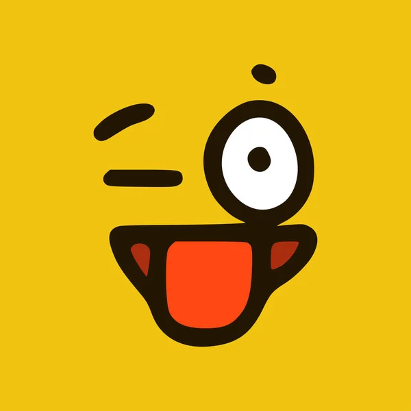 Fröhliches Emoticon Mit Zunge Doodle Stil Auf Gelbem Hintergrund Vektorillustration — Stockvektor
