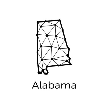 Alabama eyaleti haritası beyaz arka planda izole edilmiş çizgiler ve noktalardan oluşan çokgen çizimler. ABD devlet düşük poli tasarımı