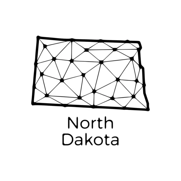 North Dakota Delstatskarta Polygonal Illustration Linjer Och Prickar Isolerad Vit — Stock vektor