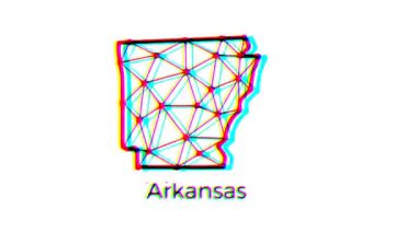 Arkansas eyalet haritası animasyonu çokgen biçimli, arıza efektli, 4k çözünürlüklü video, ABD devletleri hareket grafikleri