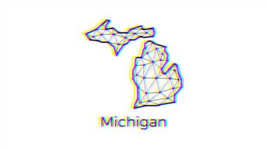 Michigan eyalet haritası animasyonu çokgen tarzda, arıza efektli, 4k çözünürlüklü video, ABD devletleri hareket grafikleri