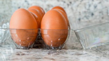 Close up from brown eggs in plastic container