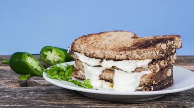 İçi krem peynirli ve baharatlı biberli, taze otlarla süslenmiş dört katlı kızarmış tahıllı ekmeğin yer aldığı doyurucu bir sandviçin yakın çekimi.