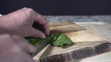 Yetenekli bir insan, tahta kesme tahtasında keskin bir bıçakla taze marul kesme sanatını sergiliyor. Odak noktası teknik ve sebzenin canlı renkleri.