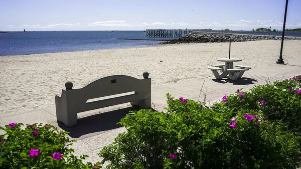 Norwalk, CT, USA- 20 Mayıs. 2025: Kumsal, dinlenmek ve berrak bir gökyüzünün altında yumuşak bulutların altında sakin manzaranın tadını çıkarmak için mükemmel bir yer.