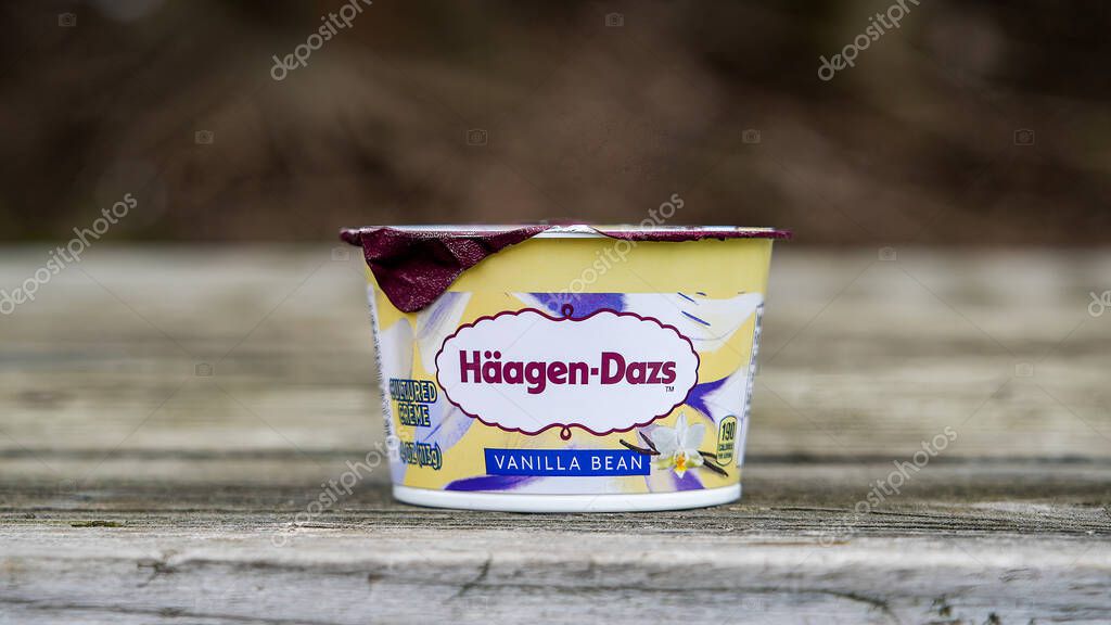 NORWALK, CT, USA - FEBRUARY 21, 2024: Haagen Dazs vanilla bean yogurt on table outside