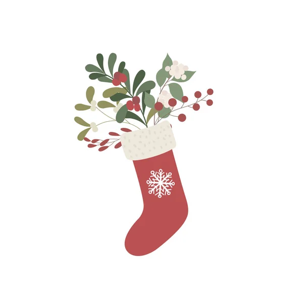 Vánoční Ponožka Zimními Rostlinami Vektorová Ilustrace — Stockový vektor