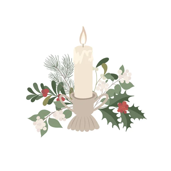 Vela Com Plantas Inverno Decoração Natal Ilustração Vetorial — Vetor de Stock