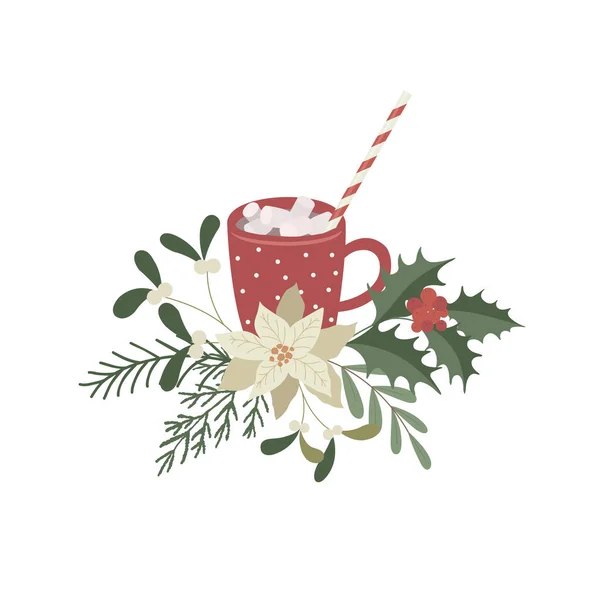 冬の植物とレッドカップ ベクターイラスト — ストックベクタ