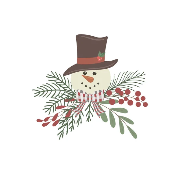 Sneeuwman Hoofd Met Winterbloemen Kerstmis Vector Illustratie — Stockvector