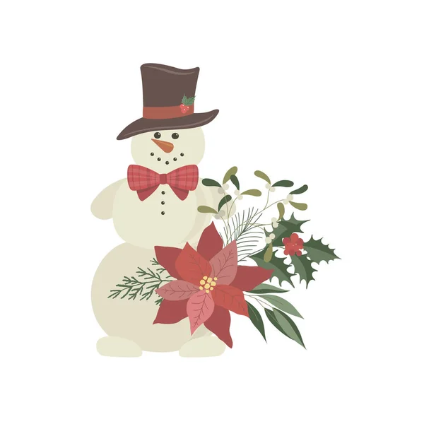 Muñeco Nieve Con Flores Invierno Navidad Ilustración Vectorial — Vector de stock