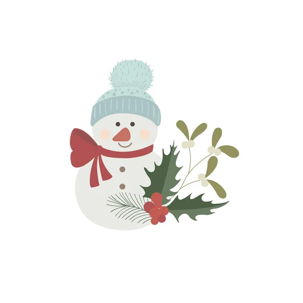 Schneemann Mit Winterblumen Weihnachten Vektorillustration — Stockvektor