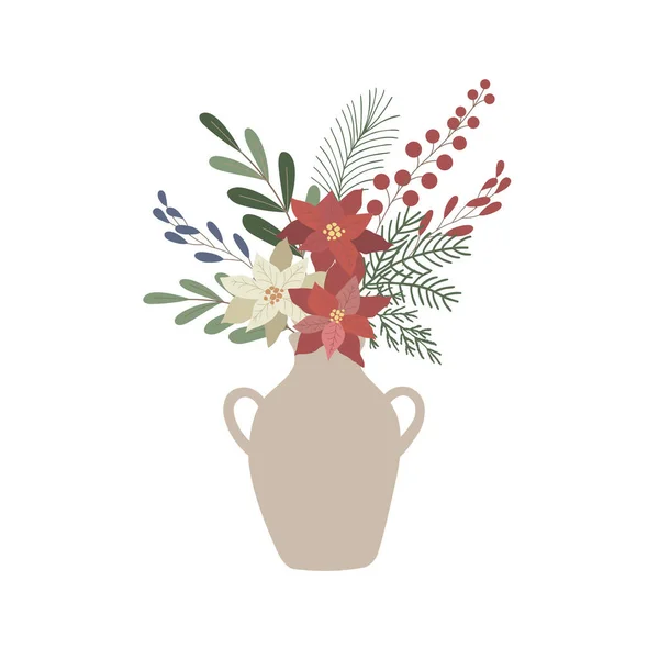 Poinsettia Green Branches Vase Vector Illustration — Stock Vector