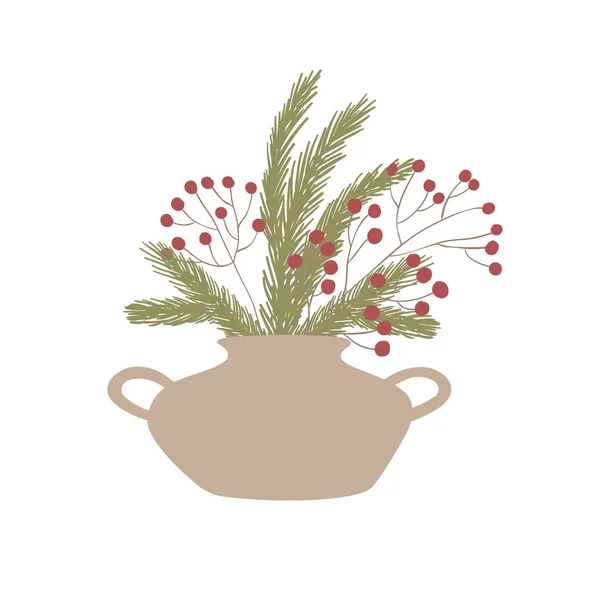 Vaso Com Berries Spruce Branches Ilustração Vetorial — Vetor de Stock