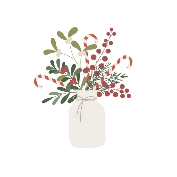 Vase Mit Winterstrauß Vorhanden Weihnachten Vektorillustration — Stockvektor