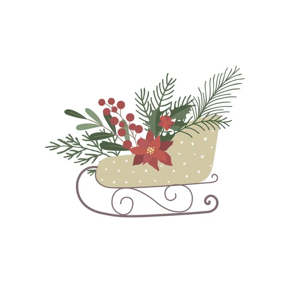 Schlitten Mit Wintergrünen Pflanzen Und Weihnachtsstern Vektorillustration — Stockvektor
