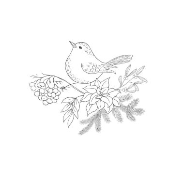 Kış Buketli Titmouse Bird. Noel süslemesi. Vektör.