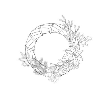 Noel Çelengi ve Çiçekli Çerçeve. Vektör İllüstrasyonu.