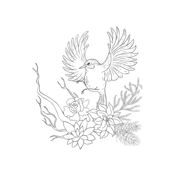 Titmouse Bird Χειμωνιάτικο Μπουκέτο Χριστουγεννιάτικη Διακόσμηση Διάνυσμα — Διανυσματικό Αρχείο