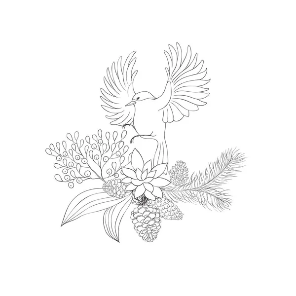 有冬季花束的小燕子 圣诞装饰 — 图库矢量图片