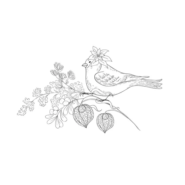 冬の花束とタイマウスの鳥 クリスマスデコレーション ベクトル — ストックベクタ