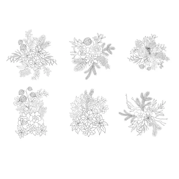 Set Mazzi Fiori Invernali Decorazione Natalizia Illustrazione Vettoriale — Vettoriale Stock