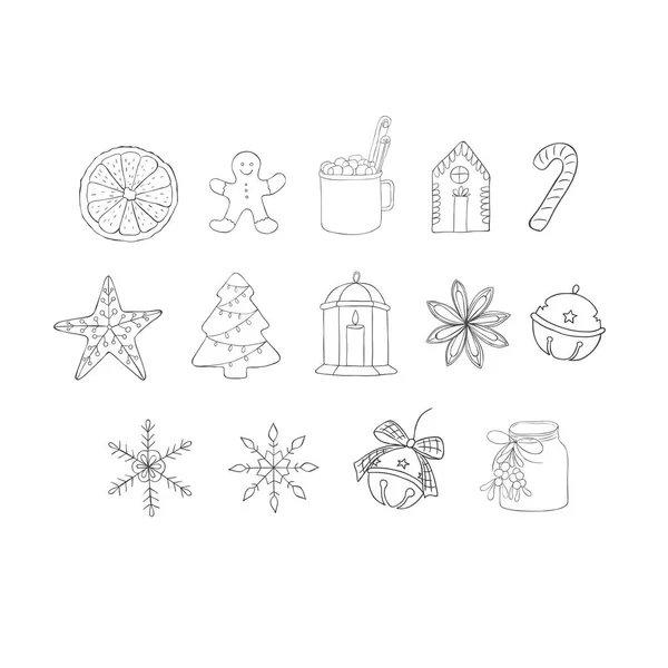 Handgezeichnete Weihnachtselemente Dekoration Und Essen Vektor — Stockvektor
