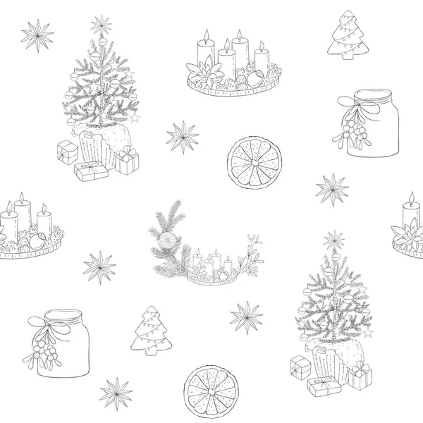 Christmas Seamless Pattern Line Art Ornament Vector — Stock Vector