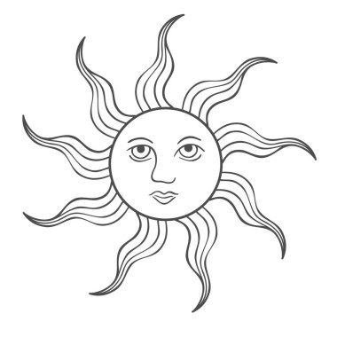 Beyaz Arkaplanda Çizgi Sanat Güneşi. Vektör İllüstrasyonu.